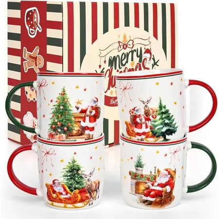 Gingprous Set of 4 Christmas Coffee Mugs Set, 11 Oz Ceramic Christmas Mug, Santa Christmas Tree Holiday Mug Decor, Marry Christmas Gifts for Women Kids | Walmart (US)