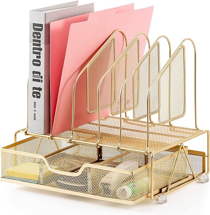 Beiz Gold Office Accessories Desk Organizer with Storage Drawer, 1 Paper Tray & 5 Upright Section... | Amazon (US)