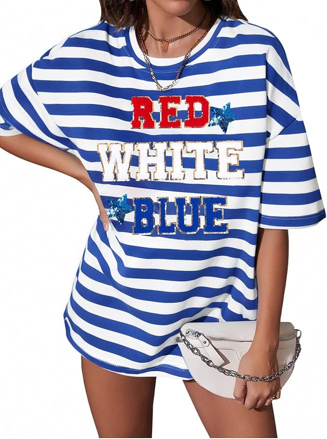 Patriotic Shirt Women Red White and Blue T-Shirt Oversized American Flag Tees Tops 4th of July US... | Amazon (US)
