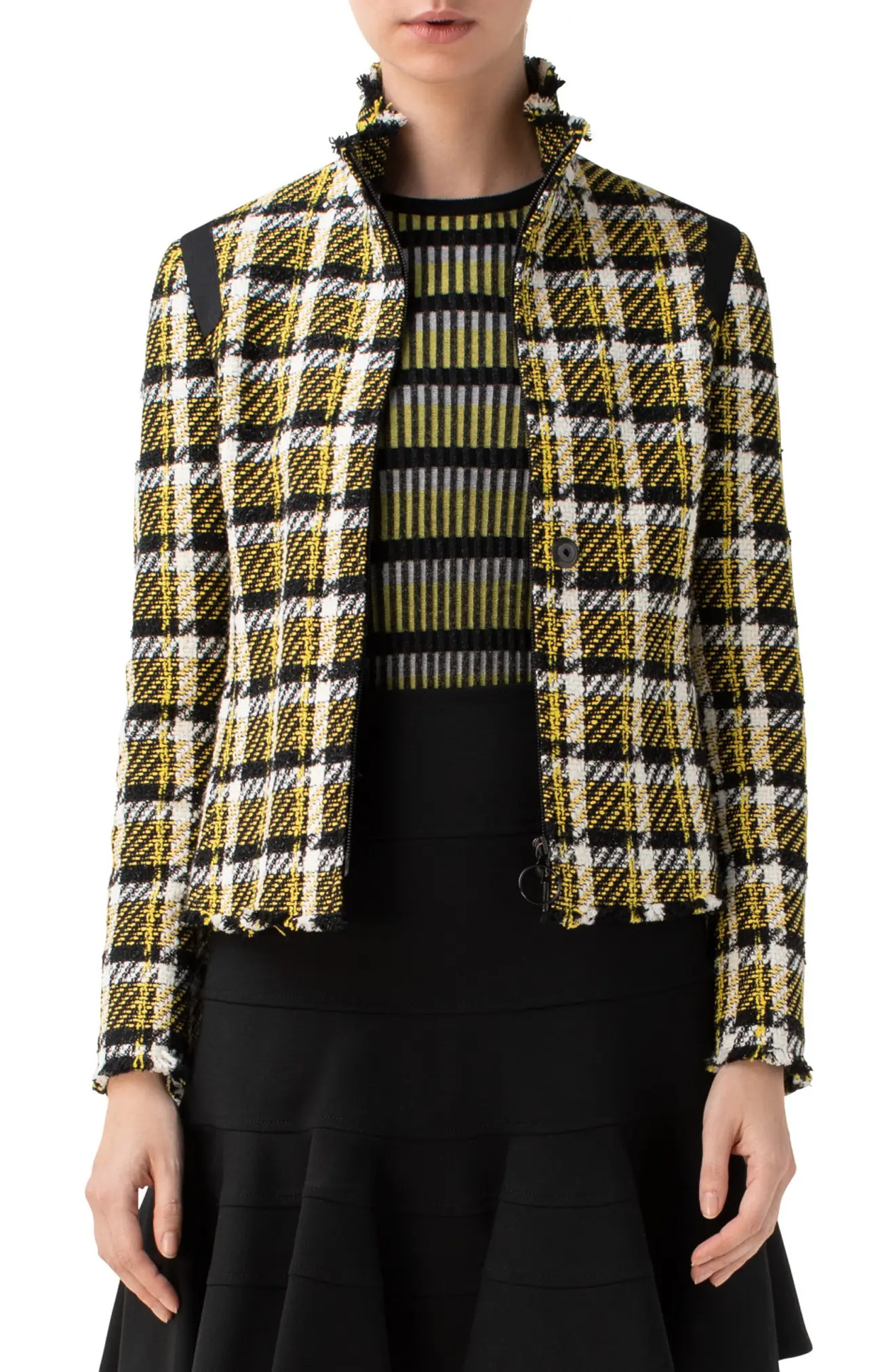 Akris punto Check Tweed Crop Jacket, Size 16 in Neon/Black/Cream at Nordstrom | Nordstrom