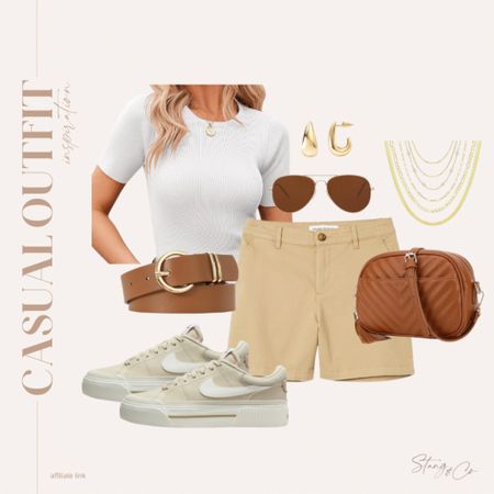 This casual outfit inspiration includes tan shorts, a white ribbed fitted tee, beige and white Nike sneakers, a brown belt and crossbody bag, layered gold necklaces, gold earrings, and aviator sunglasses. 

Ootd, Amazon fashion, tall friendly style, summer outfit, tall friendly shorts 

#LTKshoecrush #LTKstyletip #LTKfindsunder50