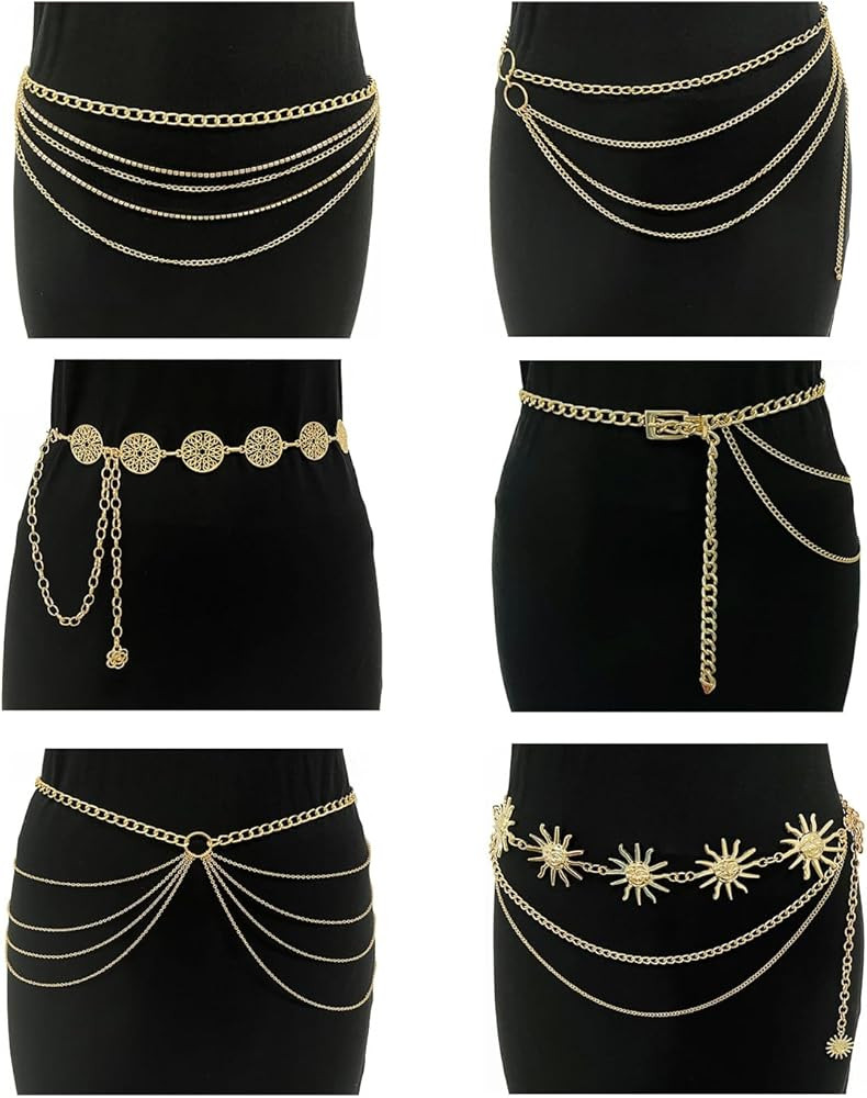 Tornito 6Pcs Bohemia Multilayer Metal Waist Belly Chain Belt Moon Sun Long Tassel Cuban Chunky Li... | Amazon (US)