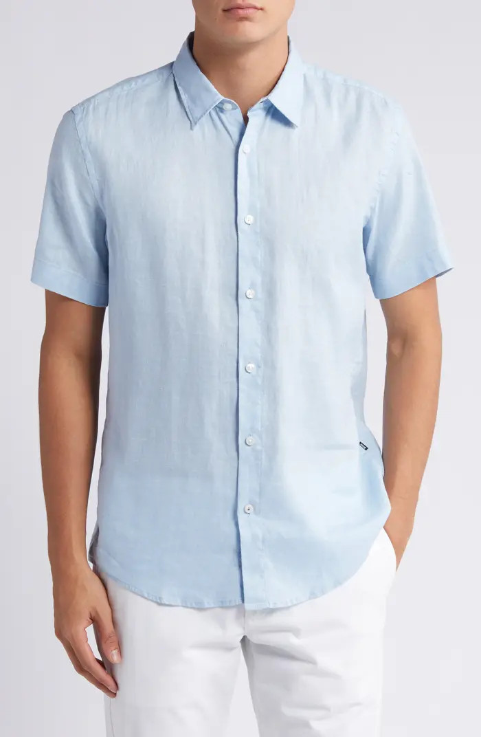 BOSS Liam Slim Fit Solid Short Sleeve Linen Blend Button-Up Shirt | Nordstrom | Nordstrom