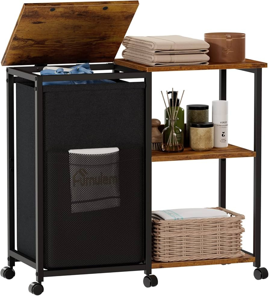 Furnulem Laundry Cart with Wooden Side Shelf and Laundry Bag, Laundry Hamper with Lid & Wheels, R... | Amazon (US)