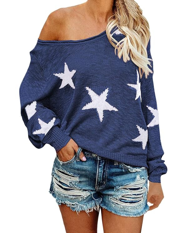 COCOLEGGINGS Women's Scoop Neck Long Sleeve Star Pullover Sweater Tunic Tops | Amazon (US)