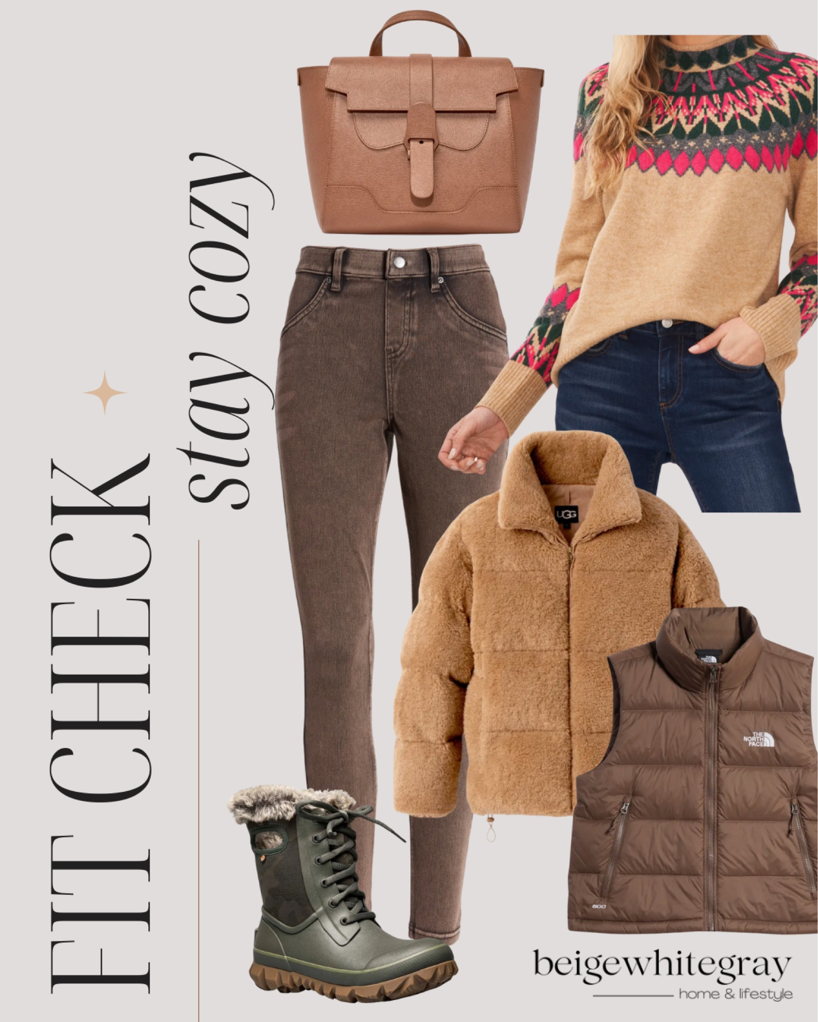 Winter cozy outfit. Winter Outfits / Neutral Wardrobe / Neutral Sneakers / Winter Denim / Winter Sweaters / Winter Cardigans / Winter Dresses / Winter Handbags / Winter Jackets / Denim Jackets / Winter Knitwear / Knit Pullovers / Winter Clogs / Winter Boots / Gold Jewelry / Aesthetic Outfits / Winter Hats / Winter Trousers / Neutral Loafers / Neutral Mules / Ballerina Flats / Abercrombie / J.Crew / Aerie / Nordstrom 