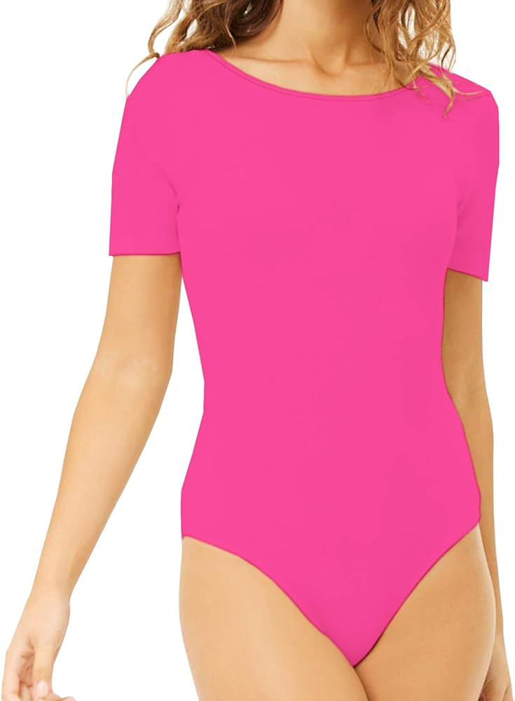 MANGDIUP Women's Round Collar Short Sleeve Basic Bodysuits Jumpsuits | Amazon (US)