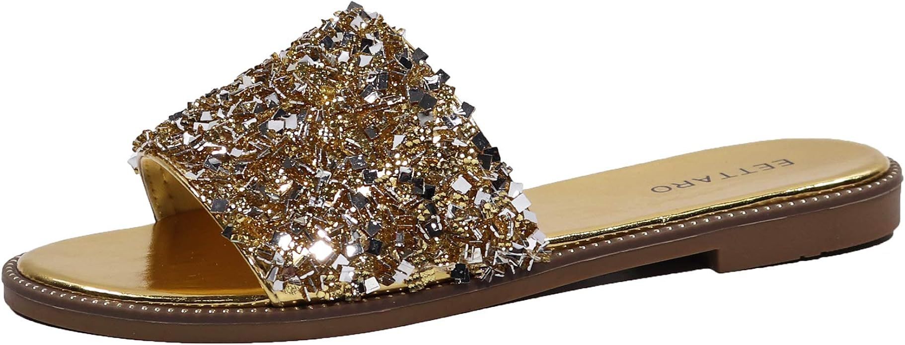 EETTARO Women's Glitter Shiny Slide Sandals Sparkle Fancy Flat Slippers Slip-on Jeweled Shoes | Amazon (US)