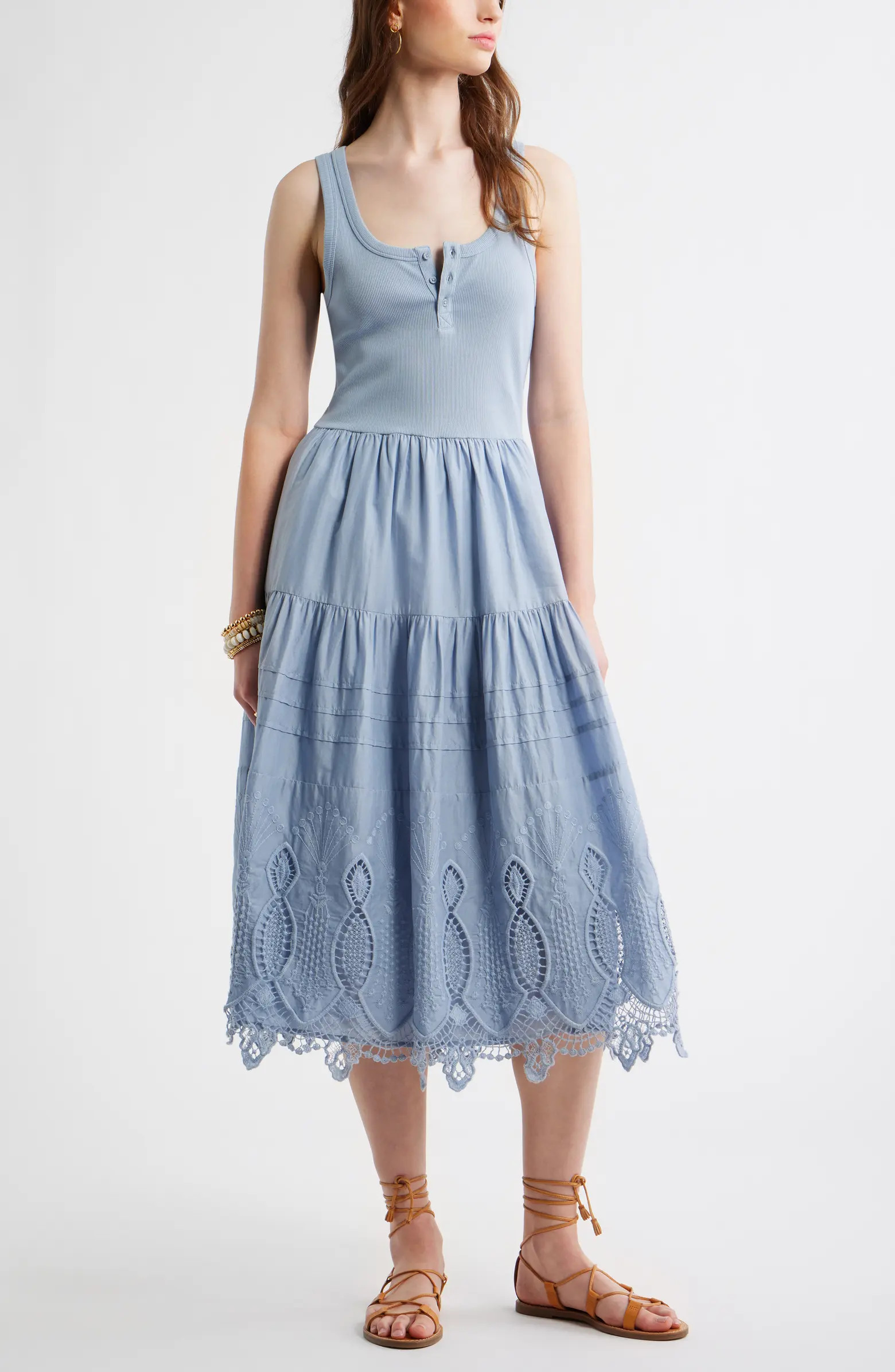 Embroidered Mixed Media Henley Tank Dress | Nordstrom