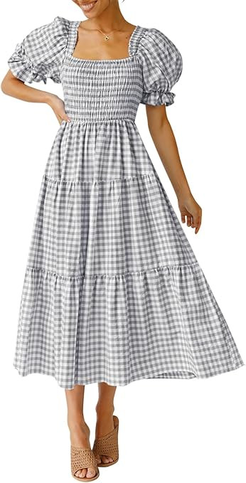 ZESICA Women's 2023 Bohemian Summer Plaid Square Neck Puff Sleeve Ruffle Flowy Beach Midi Dress | Amazon (US)