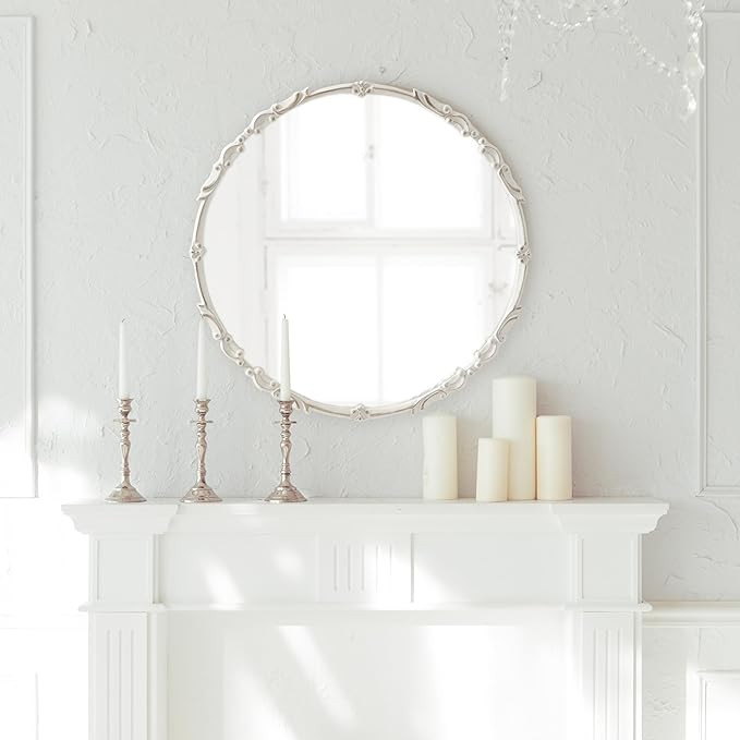 Kate and Laurel Brynley Decorative Traditional Metal Round Mirror, 24 Inch Diameter, Antique Whit... | Amazon (US)