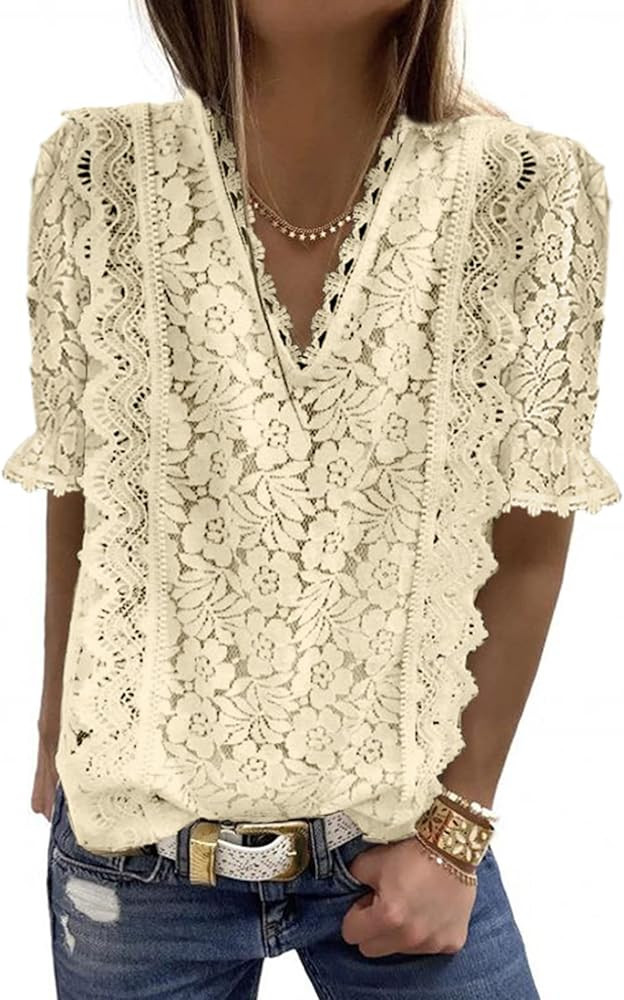 SHEWIN Women's V Neck Lace Crochet Boho Tops Flowy Casual Blouses Shirts | Amazon (US)