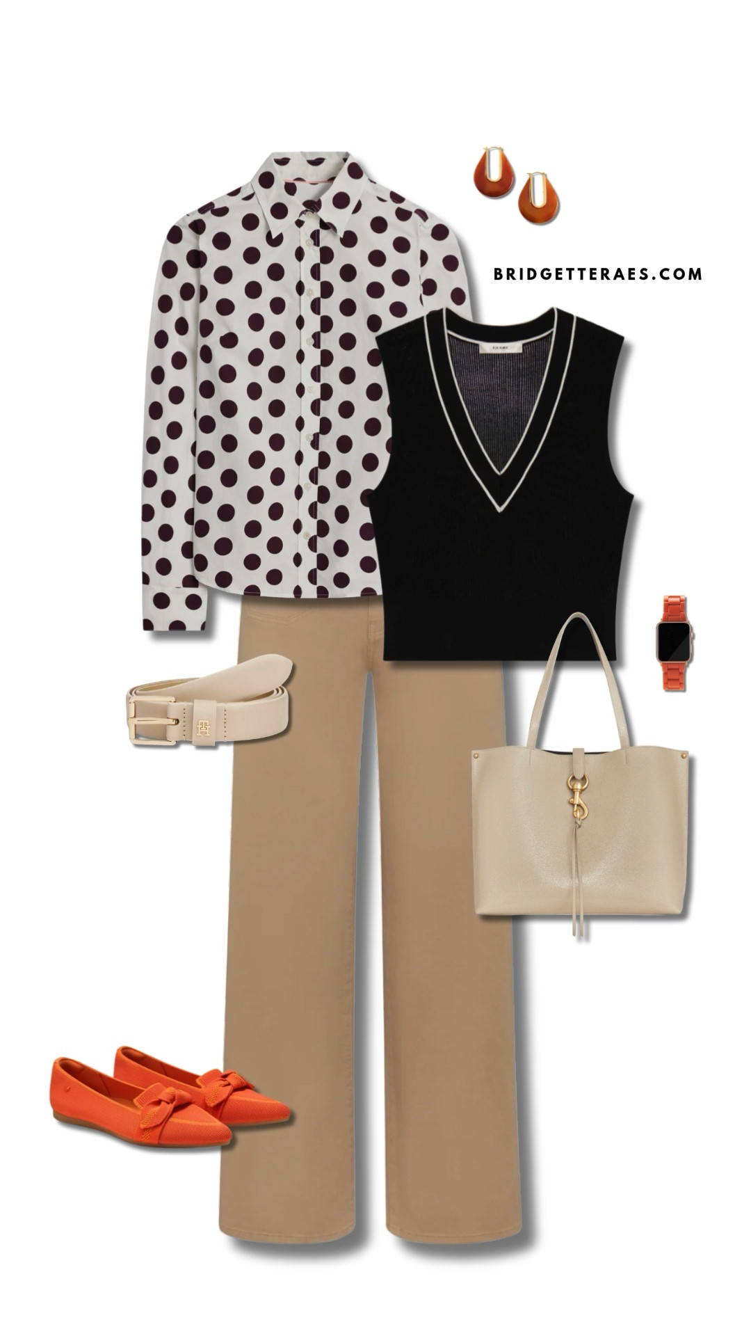 A cream button-down blouse with bold polka dots adds a retro nod, layered under a sleek black sweater vest with crisp white trim for a touch of collegiate charm. Classic khaki trousers anchor the look with timeless structure, while a wide ivory belt cinches the waist for definition. The accessories inject personality and cohesion—burnt orange loafers and matching teardrop earrings introduce an unexpected pop of color , while a cream leather tote and orange smartwatch band round out the outfit with modern functionality. Ideal for a stylish office day or a creative professional setting, this look proves that neutrals and statement accents can coexist in perfect harmony.

#LTKShoeCrush #LTKWorkwear #LTKStyleTip