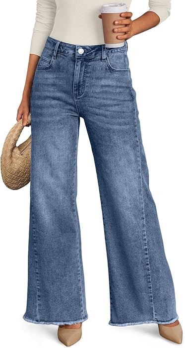 Trendy Queen Women's Wide Leg Jeans, Relaxed Loose with Raw Hem Pants | Amazon (US)