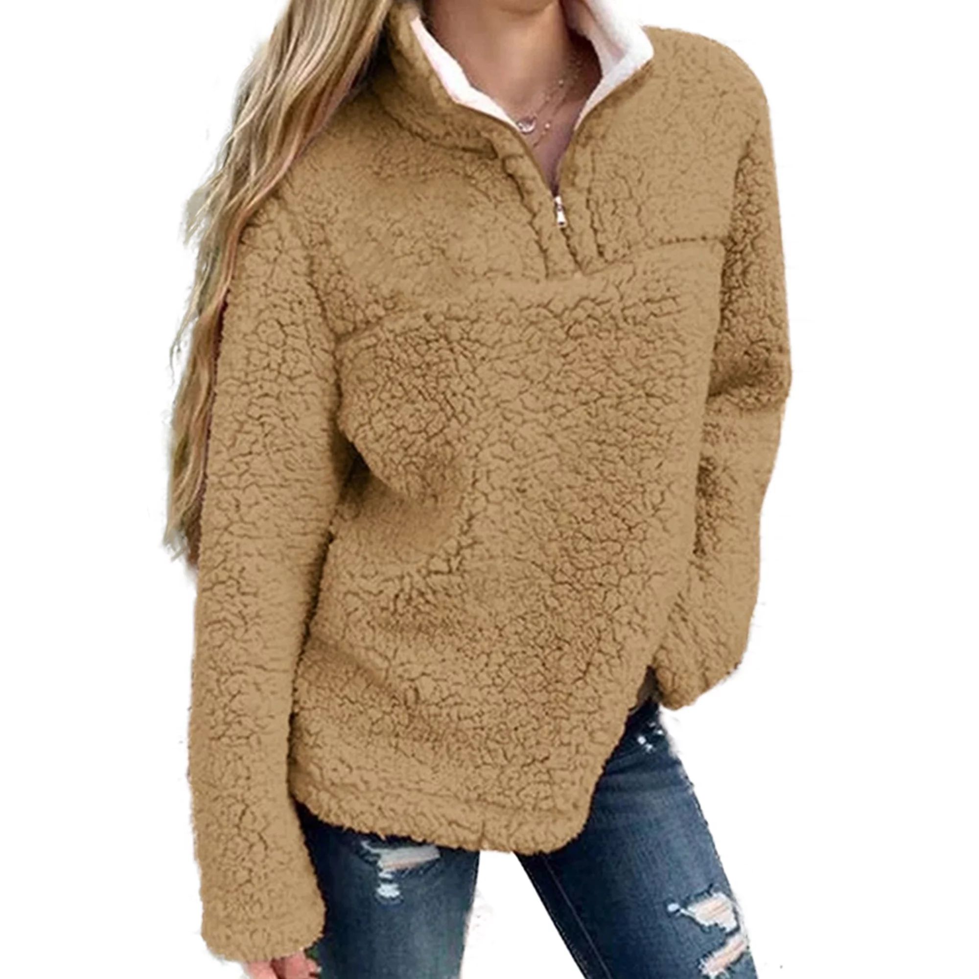 Women's Teddy Bear Tops Fleece Outerwear Fluffy Pullover Turtleneck Warm Coat | Walmart (US)