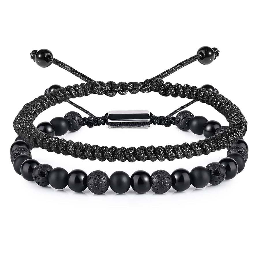 Black Beaded Bracelets for Men Boys - 6mm Obsidian Onyx Lava Beads Mens Bracelet Set for Couples ... | Amazon (US)