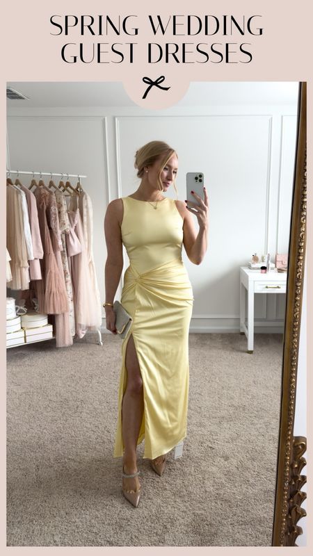Spring Wedding Guest Dress Idea- Paired this yellow Abercrombie dress with my favorite Jimmy Choo heels for the perfect spring look! 
Use the code AMANDAJOHNxSPANX to save on my favorite undergarments 

#LTKSeasonal #LTKwedding #LTKshoecrush