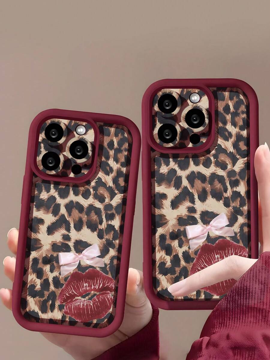 Cheetah Print Apple Animal 1pc Sexy Red Lip Print, Bowknot & Leopard Pattern Anti-Drop Soft TPU P... | SHEIN