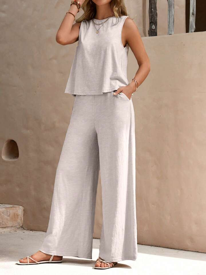 SHEIN LUNE Solid Tank Top & Wide Leg Pants | SHEIN