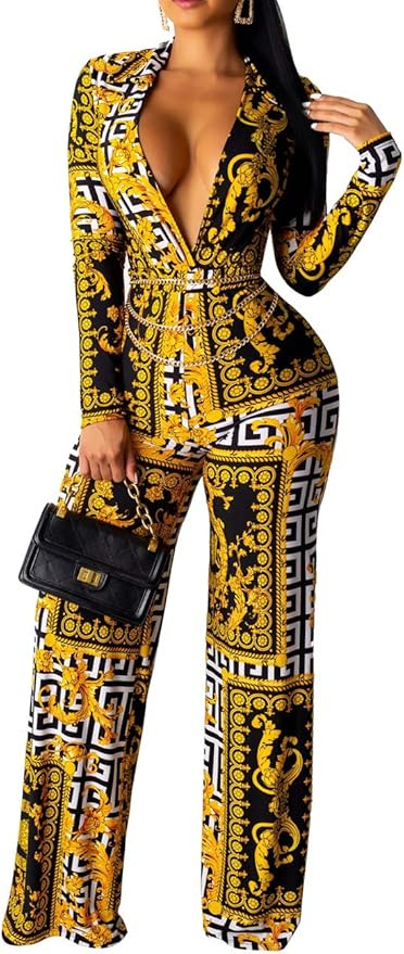 Women's Jumpsuits Sexy Floral Print Turn Down Collar Long Sleeve Beam Foot Romper | Amazon (US)