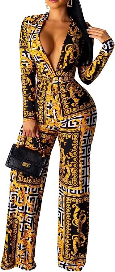 Women's Jumpsuits Sexy Floral Print Turn Down Collar Long Sleeve Beam Foot Romper | Amazon (US)