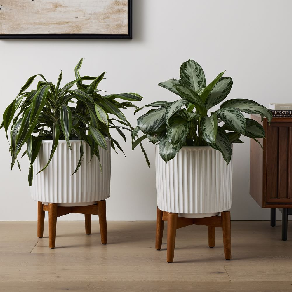 Mid-Century Turned Wood Planter - Carved White | West Elm (US)