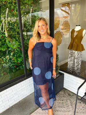 Lilly Jane Casslyn Sheer Polka Dot Maxi Dress- Navy/Light Blue - Casslyn Sheer Polka Dot Maxi Dress- Navy/Light Blue | Shop.app
