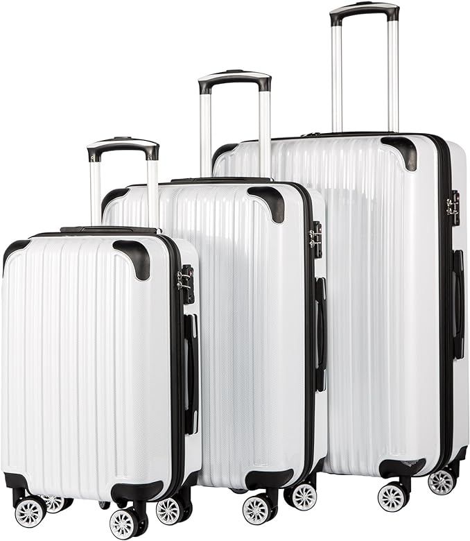 Coolife Luggage Expandable 3 Piece Sets PC+ABS Spinner Suitcase 20 inch 24 inch 28 inch (white grid) | Amazon (US)
