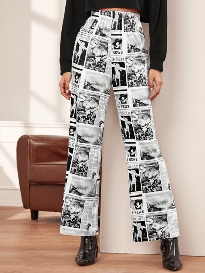 Newspaper Print Elastic Waist Pants | SHEIN