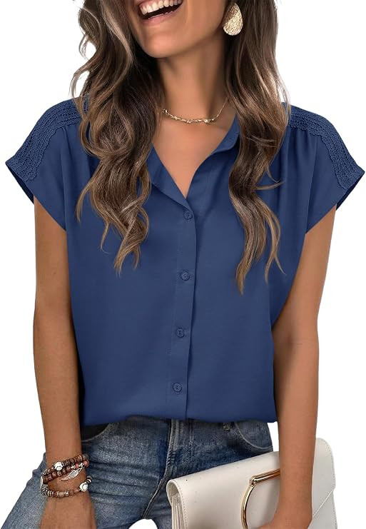Yousify Womens Dressy Casual Tops Business Work Blouses Button Down Shirts Cap Sleeve V Neck Tshi... | Amazon (US)