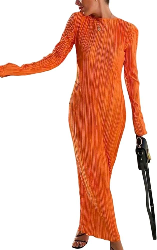 Annystore Women's Long Sleeve Loose Dress Pleated Crew Neck Slim Bodycon Plain Casual Maxi Dresse... | Amazon (US)