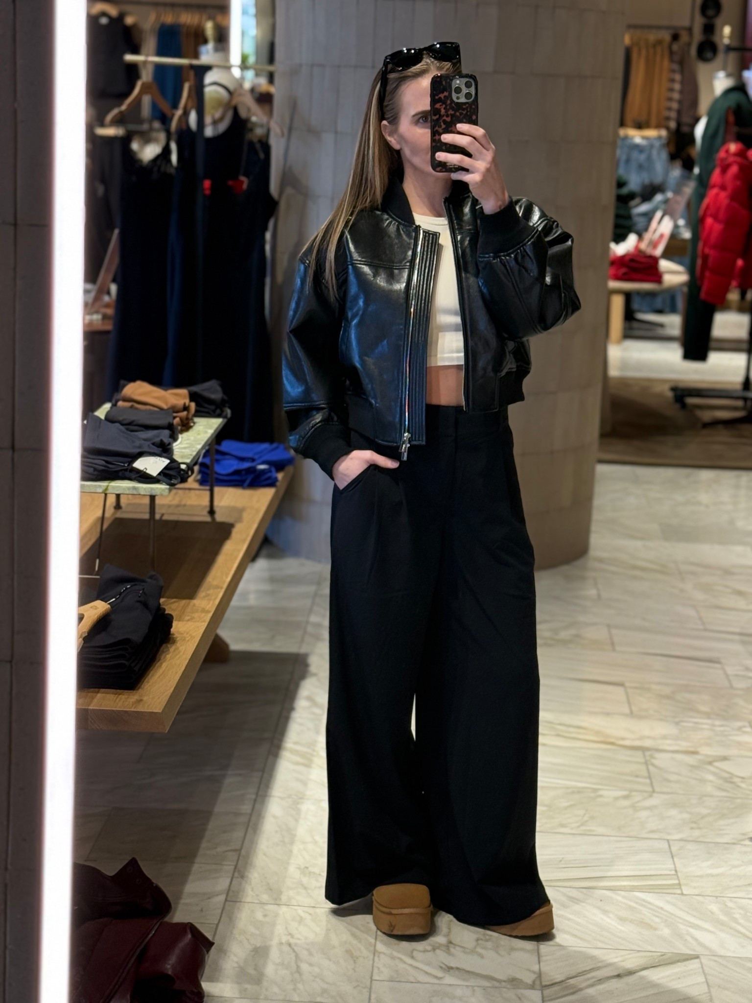 Aritzia, had The softest cropped bomber jacket I’ve ever felt. I bought this in a heartbeat because it looked and felt so good! Best decision ever, it also comes in brown and mocha.

I got size small in the jacket 
XS in the alo pants they also have a stretchy band in the back 😉 
Dream pair boots in 8.5 so I can wear them with socks as well as bare feet 

Normally I’m an 8 shoe 

#LTKdayinmylife #LTKootd #LTKHoliday