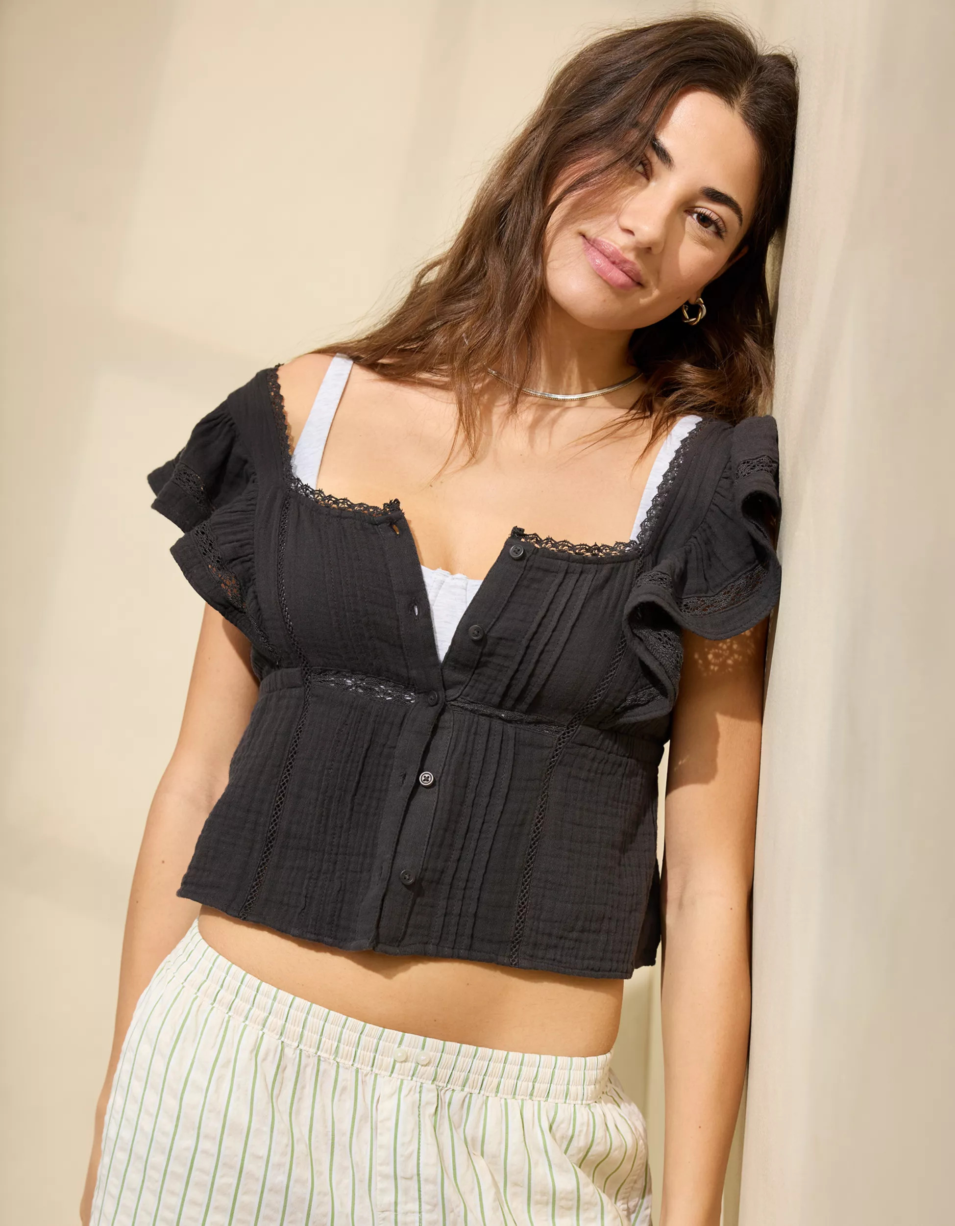 Aerie Button Front Ruffle Sleeve Top | Aerie