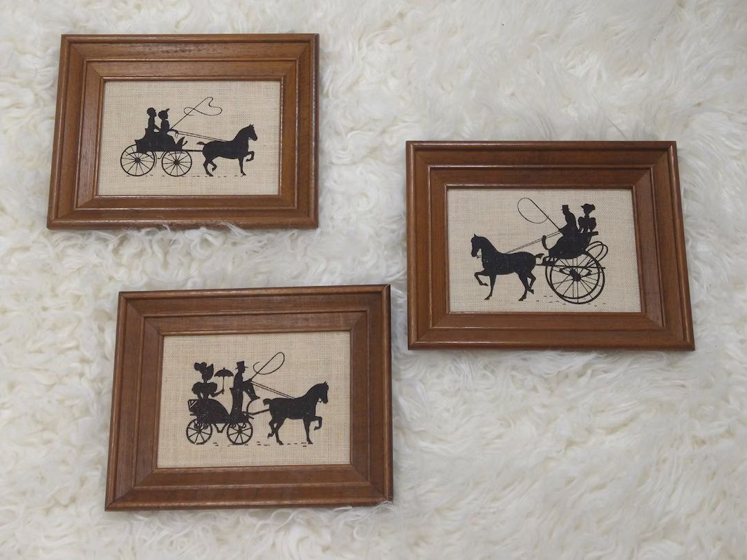 Vintage Silhouette Trio Wooden Framed on Lined Courting Couple Horse Carriage Buggy Victorian KaY... | Etsy (US)