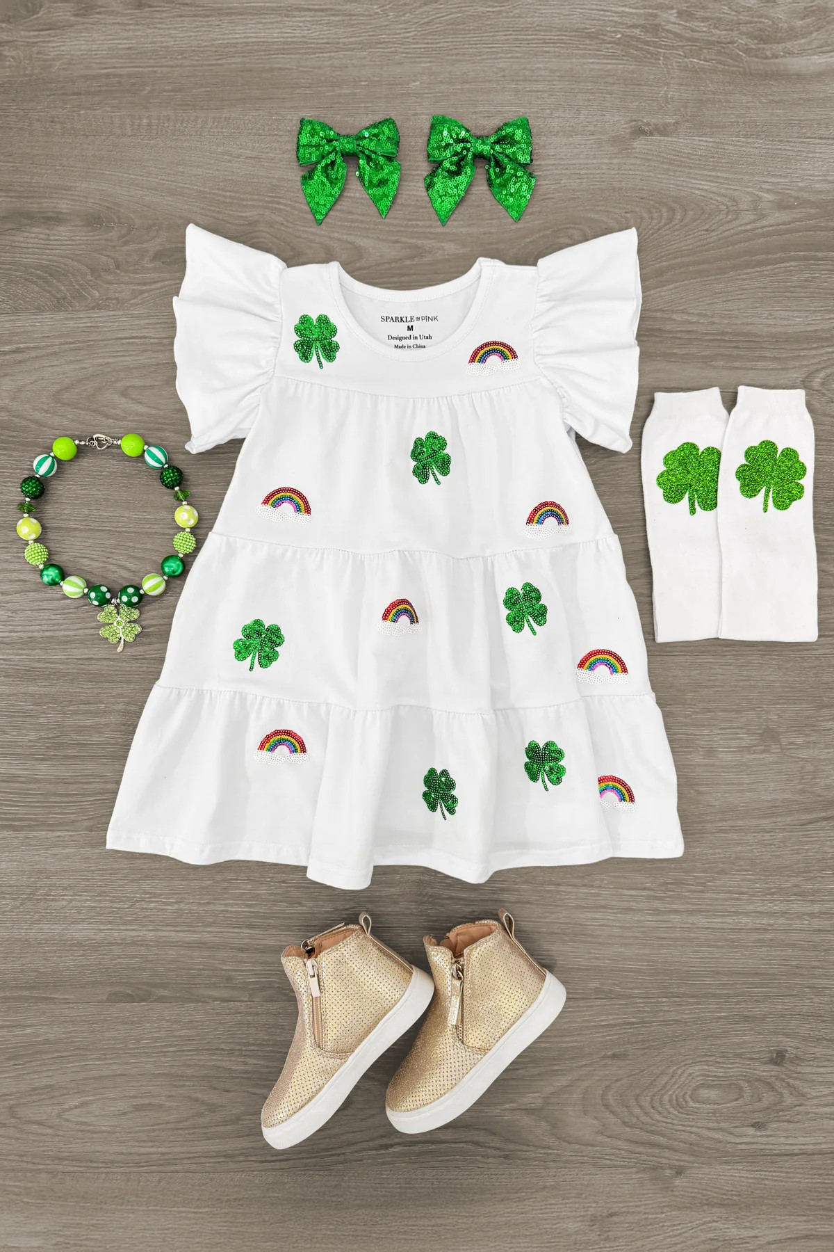 White Sequin Shamrock & Rainbow Ruffle Dress | Sparkle In Pink