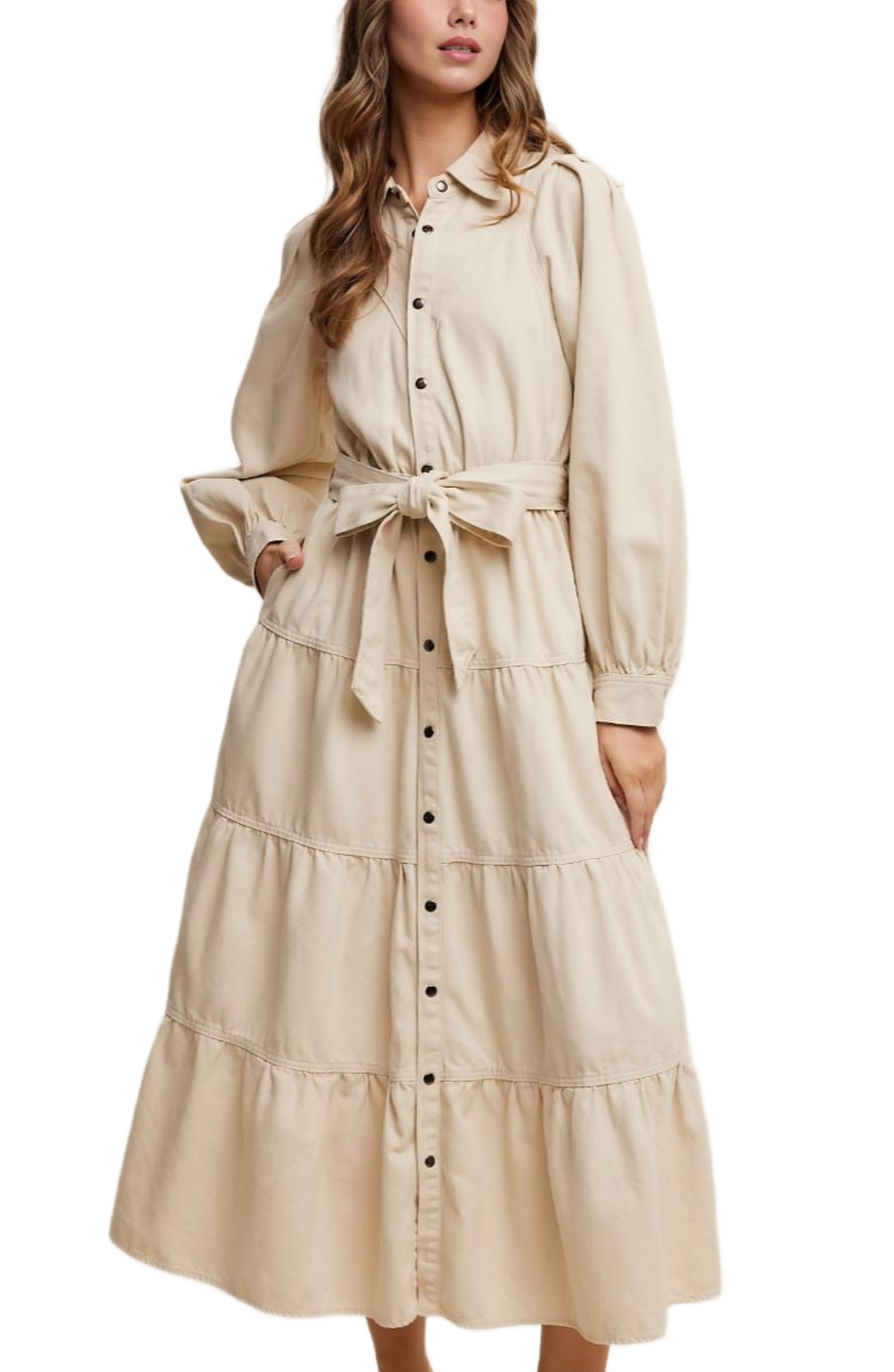Tiered Belted Bishop Sleeve Maxi Shirt Dress | Nordstrom