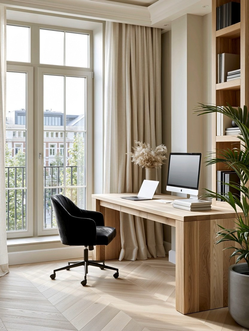 A modern home office doesn’t need bulky furniture. It needs a few pieces that help you work well.

Start with a simple natural wood desk. We love wood in a workspace because it brings warmth and a grounding element to a room that is increasingly filled with screens and technology.

And skip the bulky drawers. Our lives are becoming more digital, which means many of us simply don’t need the oversized storage desks we once did. Keeping the desk open and minimal also makes the entire office feel lighter and easier to maintain.

Then add one comfortable velvet office chair in a bold color. It gives you the softness and comfort you need for long working hours while bringing personality into an otherwise minimal space.

Finally, bring in greenery—but instead of scattering several small plants around the office, try one substantial tree-like plant for greater visual impact with less clutter.

Natural wood. Velvet. Greenery. That’s the foundation. Everything else should support the way you work.

#homeoffice #officedesign #wooddesk #workspace 

 #LTKHome
