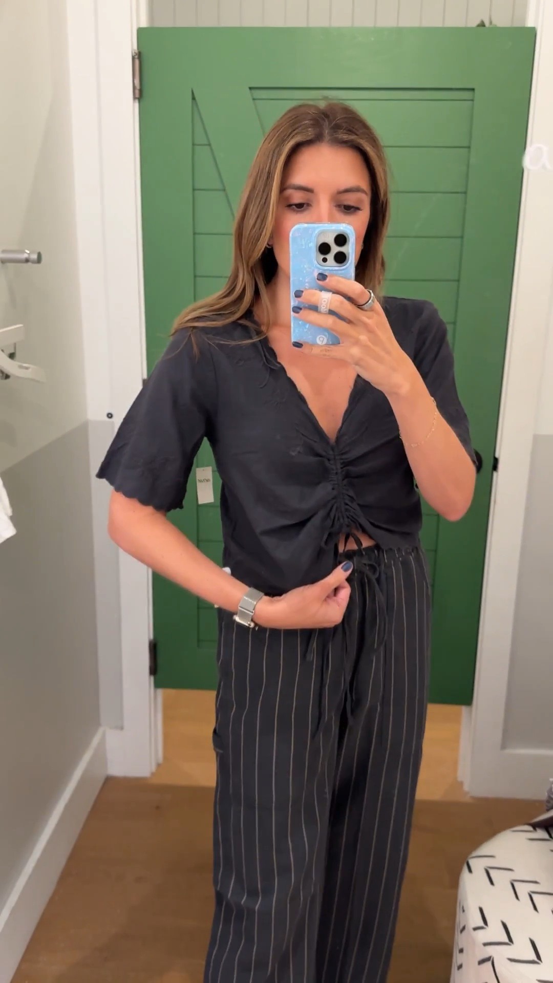 25% - 35% off Aerie now! @aerie new arrivals bringing the cool mom outfit vibes.

Boho top with embroidery and tie front detail! Would be so cute with high rise jeans.

Wearing a size small in the tee and pants. 

#LTKSaleAlert #LTKOver40 #LTKFindsUnder50