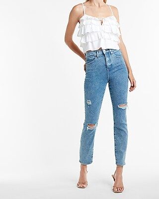 High Waisted Medium Wash Ripped Slim Jeans | Express