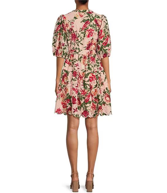 Floral Printed Eyelet Split Round Neck Elbow Puff Sleeve Button Down Belted Scallop Hem Pocketed ... | Dillard's