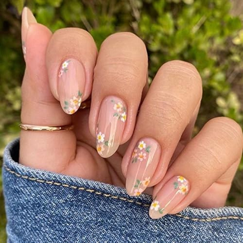 Medium Short Press on Nails Almond Fake Nails, Flowers Glue on Nails Light Purple Full Cover Nails Press ons Cute Artificial Reusable Stick on Nails for Women 24 Pcs | Amazon (US)