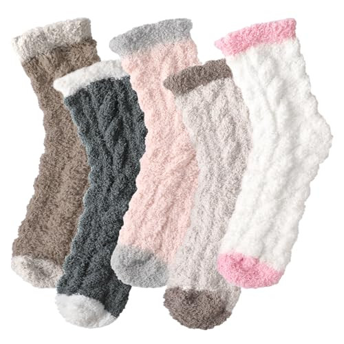 5 Pair Super Soft and Cozy Fuzzy Winter Socks for Women - Fluffy Slipper Socks in Morandi Colors | Amazon (US)