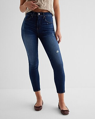 High Waisted Dark Wash Ripped Cropped Skinny Jeans | Express
