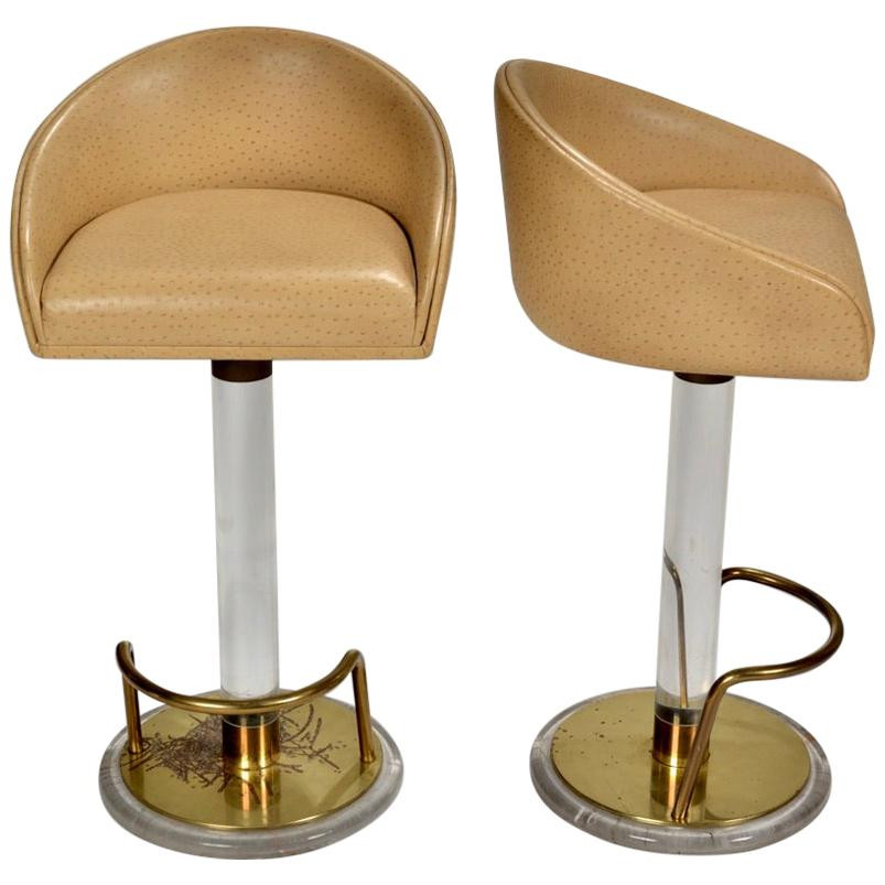 Pair of Ostrich Leather and Lucite Swivel Bar Stools by Lion in Frost, Signed | 1stDibs