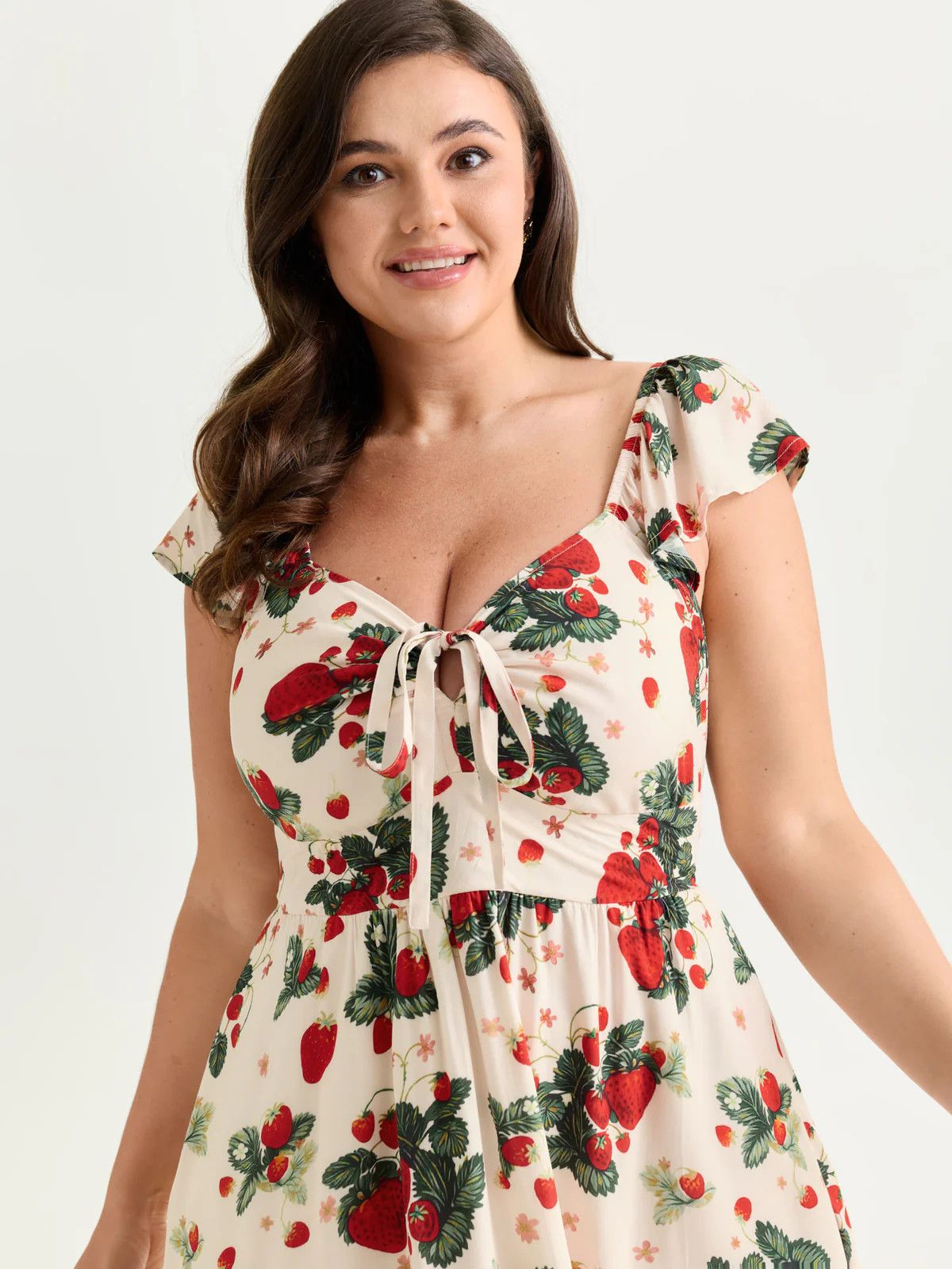 Strawberry Print Ruched Adjustable Bodice Midi Dress | Bloomchic