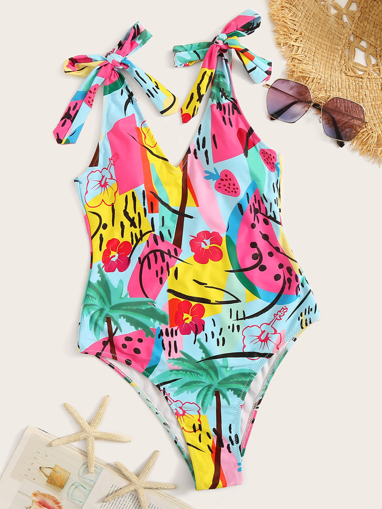 Graphic Random Print Tie Shoulder One Piece Swimsuit | SHEIN