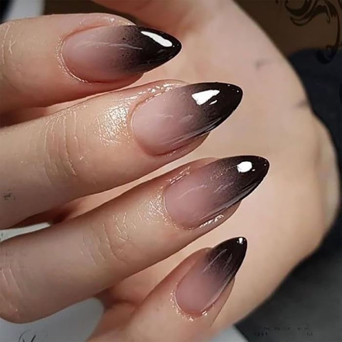 Black French Tip Press on Nails Halloween Medium Almond Fake Nails Black Gradient Design Stick on... | Amazon (US)
