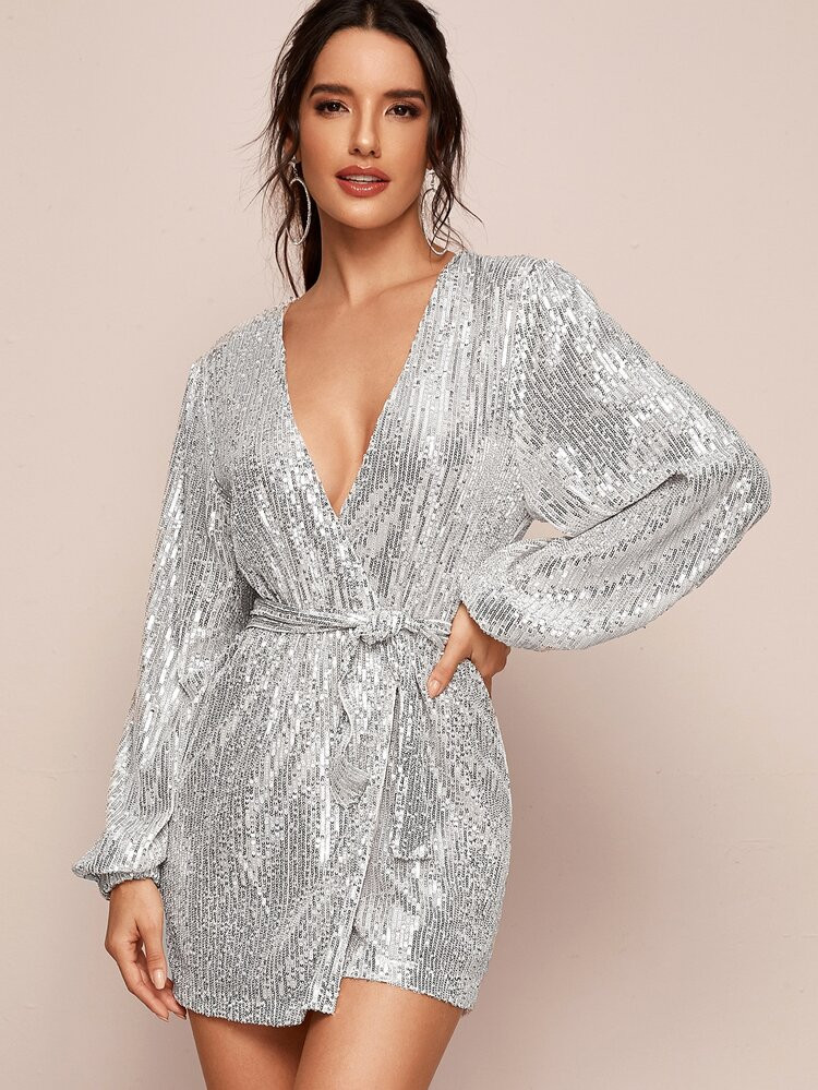 Plunge Neck Sequins Belted Wrap Dress | SHEIN