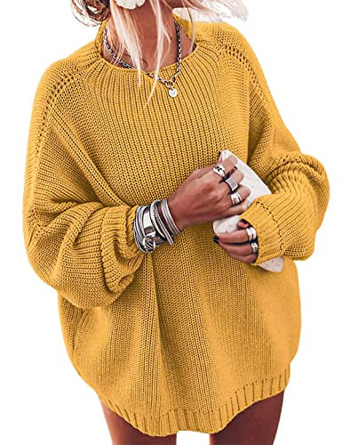 Ugerlov Women's Oversized Sweaters Batwing Sleeve Mock Neck Jumper Tops Chunky Knit Pullover Sweater (Yellow, L/XL) | Amazon (US)