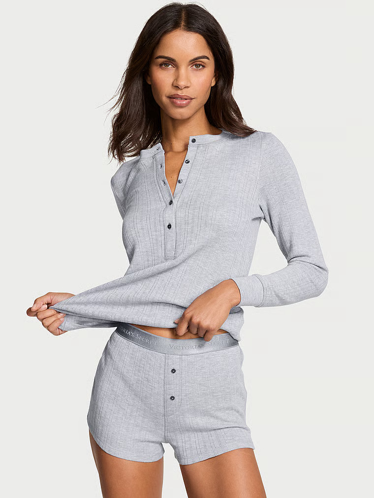 Buy Cozy Pointelle Henley Short Pajama Set, Medium Heather Grey - Order Pajamas Sets online - Vic... | Victoria's Secret (US / CA )